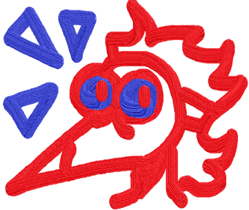 A minimalistic, red and blue doodle of my sona. It's a headshot of a creature in a bird-like plague doctor mask and head full of hair, fur or feathers. The goggles or eyes are blue with red pupils. There are blue triangles next to his head.