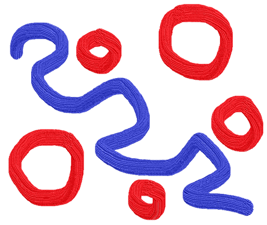 A doodle of a squiggly blue line and a few red circles around it.