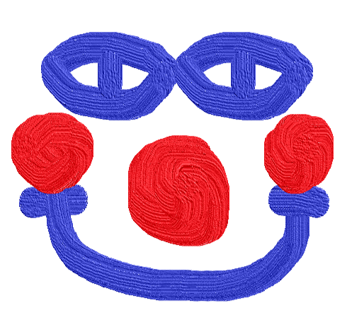 A red and blue doodle of clown's face with a big smile, quite creepy eyes, a big, red clown nose and red cheeks