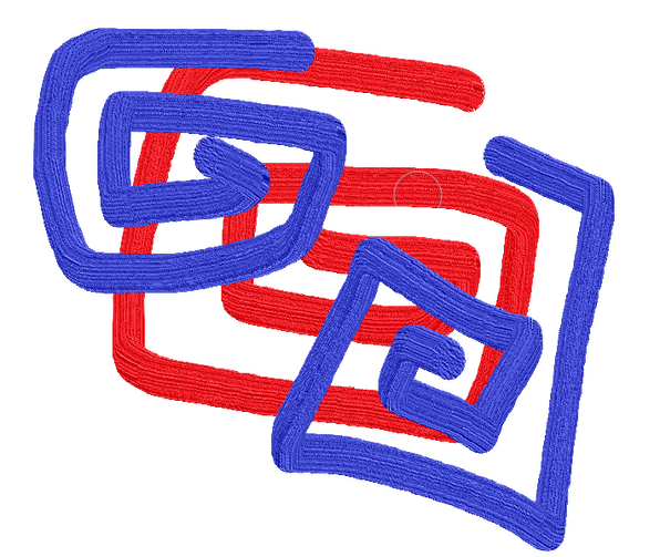 A red and blue doodle of three kinda square spirals.